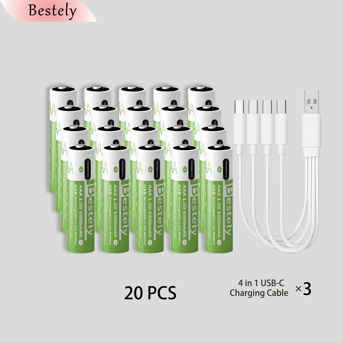 Bestely 1.5V/AAA 6800mAh High Capacity Rechargeable Lithium Batteries Type-C /USB AAA Li-ion Battery 2000 Times/Cycle with Cable