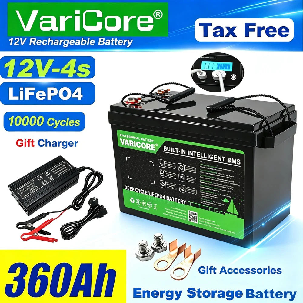 VariCore 12V/24V/36V/48V 360Ah 340Ah 180Ah 100Ah 120Ah LiFePO4 Battery for 4s 8s 10s 16s Solar Touring Car Golf Cart Duty-free