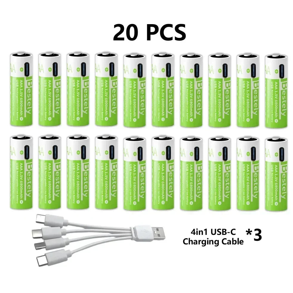 2025 Pro 1.5V AAA 6800mAh Rechargeable Battery, Type-C Fast Charging Li-ion Batteries, 2000 Cycles LED Indicator with Free Cable