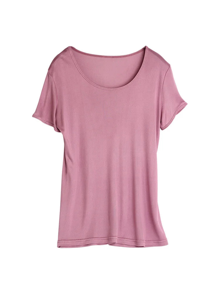 SuyaDream Woman Silk T Shirt Knitted Real Silk Short Sleeved O Neck Solid Basic Tee Simple Summer Top Black White