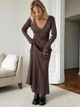 Blubelle Women's New Solid Color Long Sleeve V-neck Slim Bodycon Knitted Maxi Dress Trendy Elegant Fashion Dresses