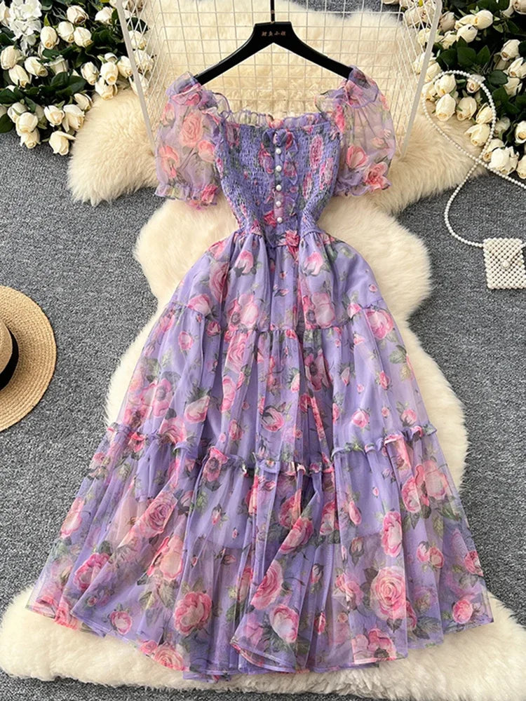 Summer Vintage French Mesh Dress for Women New Waist Cinched Slash Neck Bubble Sleeves Sweet Floral Chiffon Dress Female C146