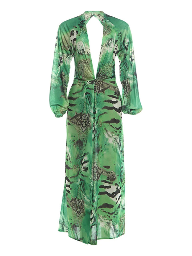 Woman Tiger Stripe Print Deep V-neck Dress Sexy Backless Long Sleeve Dresses 2026 Summer Vacation Beach Party Elegant Vestidos