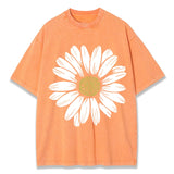 Simple Beautiful Sunflower Prints Washed T-Shirts Women Cottont Shirts O-Neck Oversized Acid Wash Tops Vintage Woman Streetwear