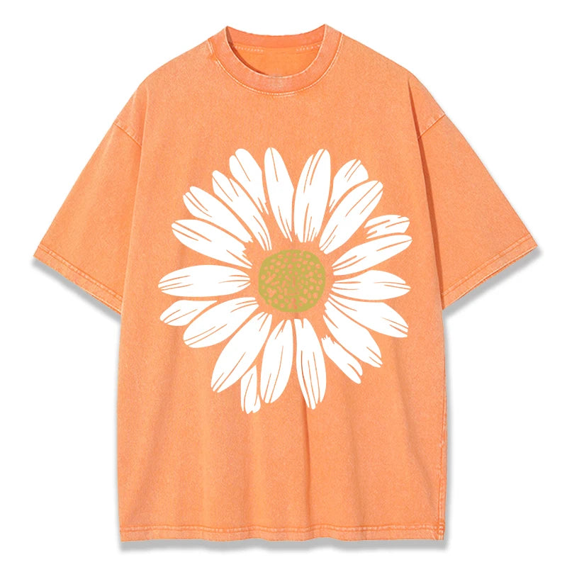 Simple Beautiful Sunflower Prints Washed T-Shirts Women Cottont Shirts O-Neck Oversized Acid Wash Tops Vintage Woman Streetwear