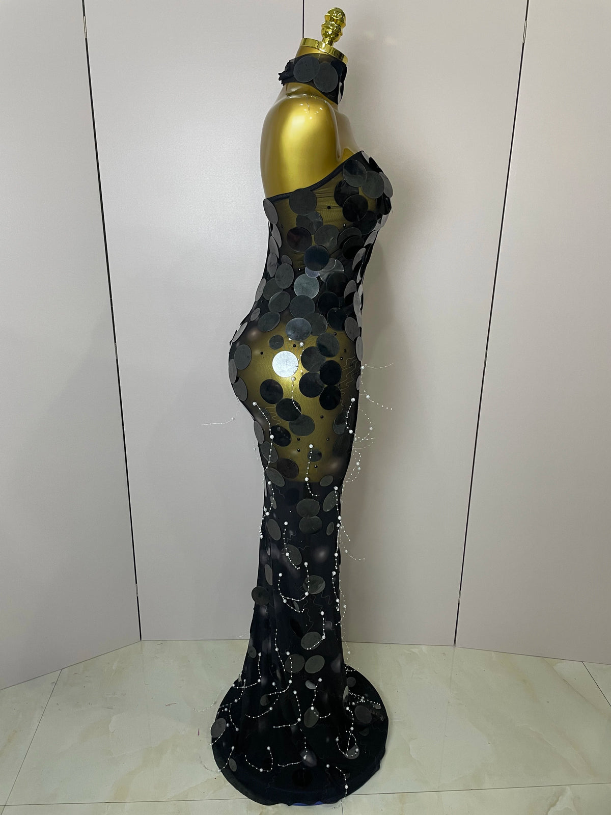2026 Women Backless Sexy Sparkly Round Sequin Pearl Floor Length Dress Celebrate Birthday Evening Party Queen Drag Costume