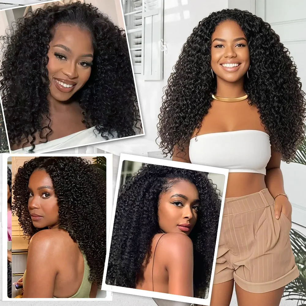 Remy Human hair Wigs Kinky Curly Headband Wig Upgrade 3 IN 1 Half Wig With Drawstring Seamless Clip In Hair Wigs 200 Density