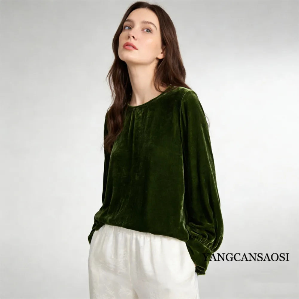 2026 Women's Fashion Spring New Clothing 30% Natural Mulberry Silk Velvet Round Neck Long Sleeve Solid Color Versatile T-shirt