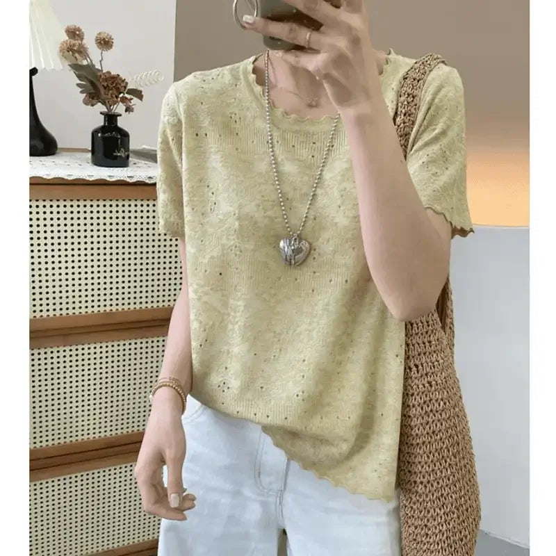 Women's Clothing Loose T-shirt Summer Knit French Style Hollow Out Short Sleeve Ice Silk Tee Lady Large Size O-neck Elegant Tops