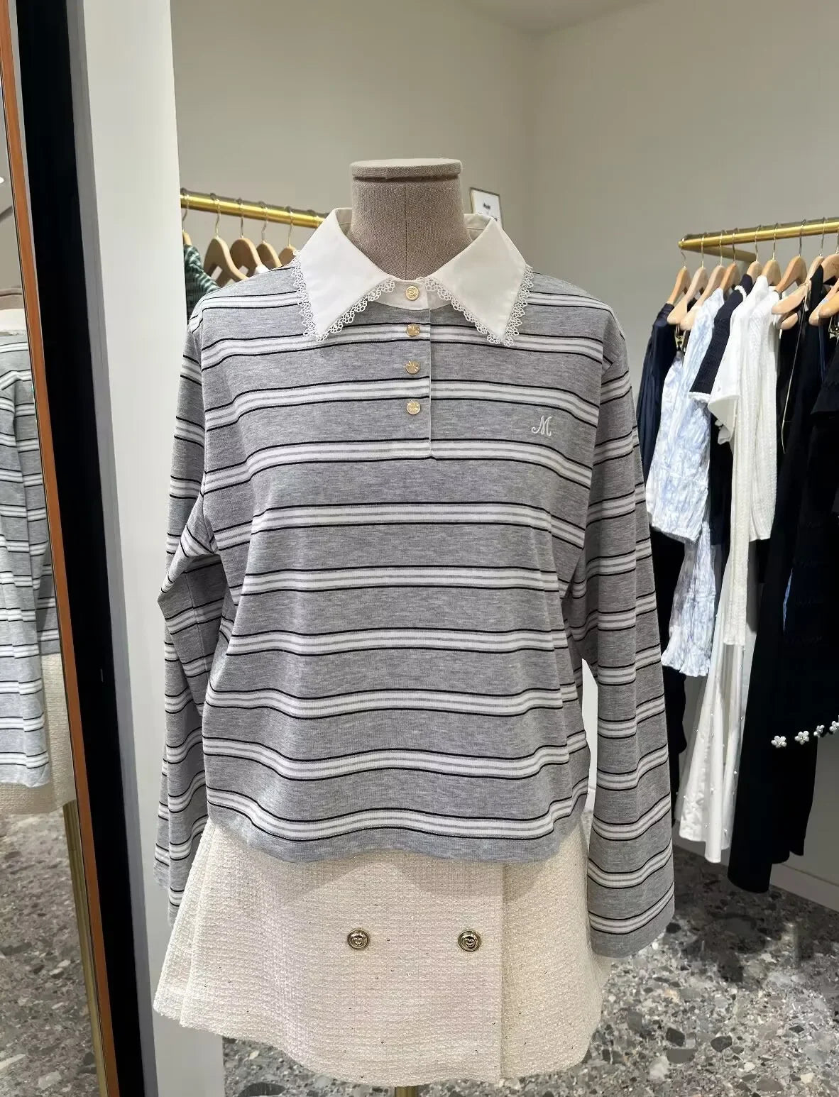 Lace Splice Turn-Down Collar Women's Stripes Long Sleeve T-Shirt Autumn and Winter Female Pullover Tee Top