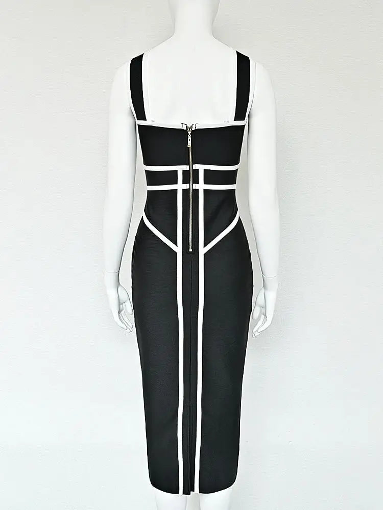 BEAUKEY Classic White And Black Stripes Bandage Long Evening Dress Luxury Contrast Vintage Woman Bodycon Elastic Dress Slim Midi
