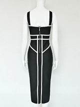 BEAUKEY Classic White And Black Stripes Bandage Long Evening Dress Luxury Contrast Vintage Woman Bodycon Elastic Dress Slim Midi