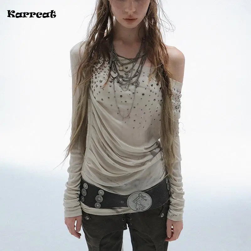 Karrcat Grunge Aesthetics Off Shoulder Tops Trashy Y2k Diamonds Print T-shirt Vintage 2000s Style Streetwear Punk American Retro