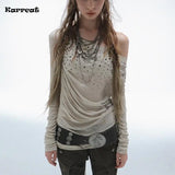 Karrcat Grunge Aesthetics Off Shoulder Tops Trashy Y2k Diamonds Print T-shirt Vintage 2000s Style Streetwear Punk American Retro