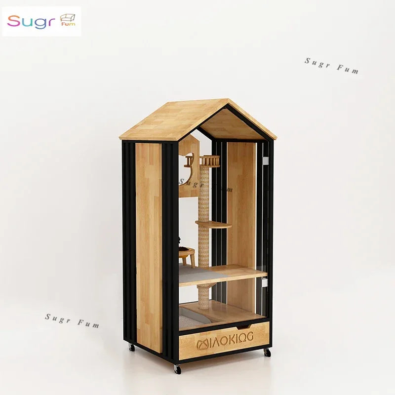 Meow Emperor Solid Wood Cat Cage Villa Small Household Cat House Front and Rear Transparent Glass Cat House Pet Shop Customizabl