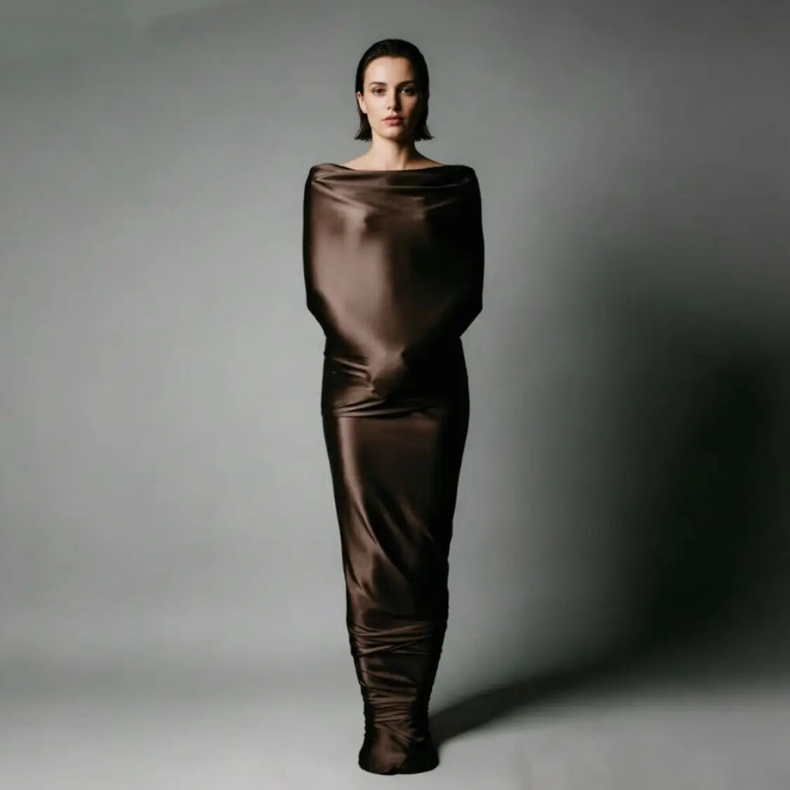 Glossy Coffee Satin Silk Maxi Dress Ice Silk Wrapped Sexy Long Sleeping Bag
