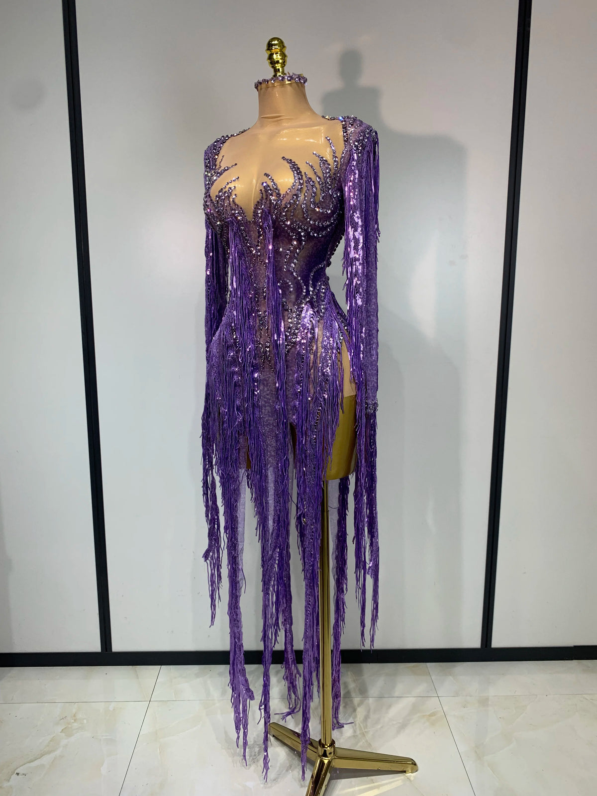 Women Sparkly Diamond Purple Tassel Long Sleeves Mesh See Through Dress Latin Dance Outfits Bar Nightclub Party Club Stage Wear