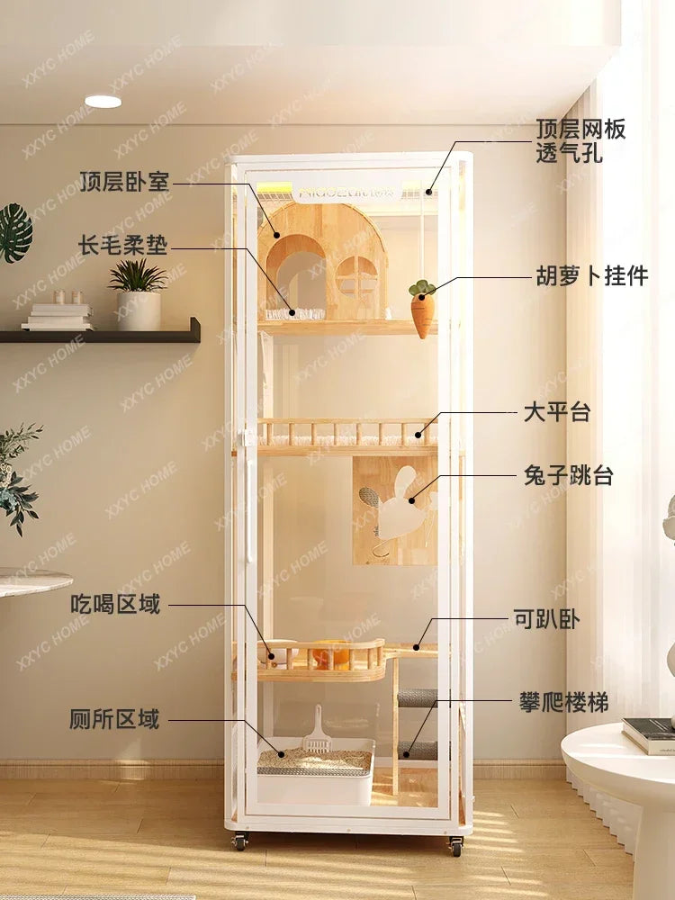 Villa Luxury Large Glass Cat Cabinet Solid Wood Cat House Home Indoor Cat Cage with Toilet
