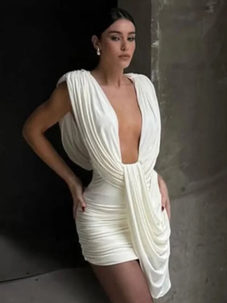 Chic Sleeveless Pleated Slim Mini Dress Women Sexy Solid Backless Hollow Out Round Collar Dresses Lady Evening Party Vestidos