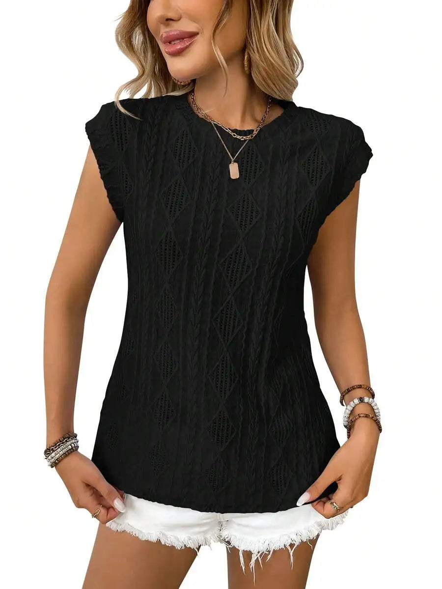 Women Sleeveless Knit Top With Ruffle Cap Sleeve Hollow Out Casual Summer Blouse