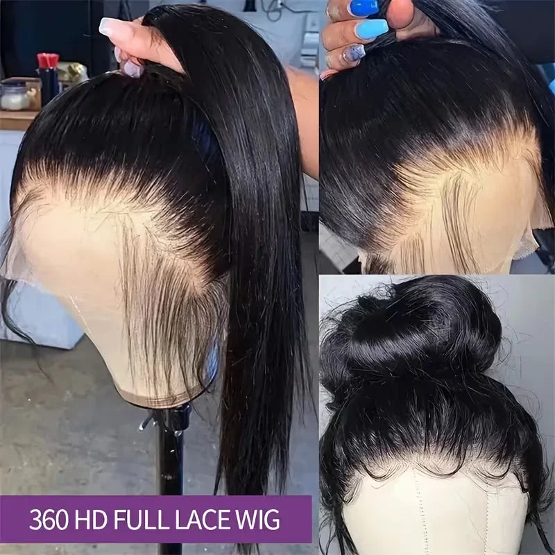 360 Full Hd Lace Wig Invisible Drawstring Glueless Wig Straight Human Hair Natural Color 220 Density Pre Plucked Ready To Wear