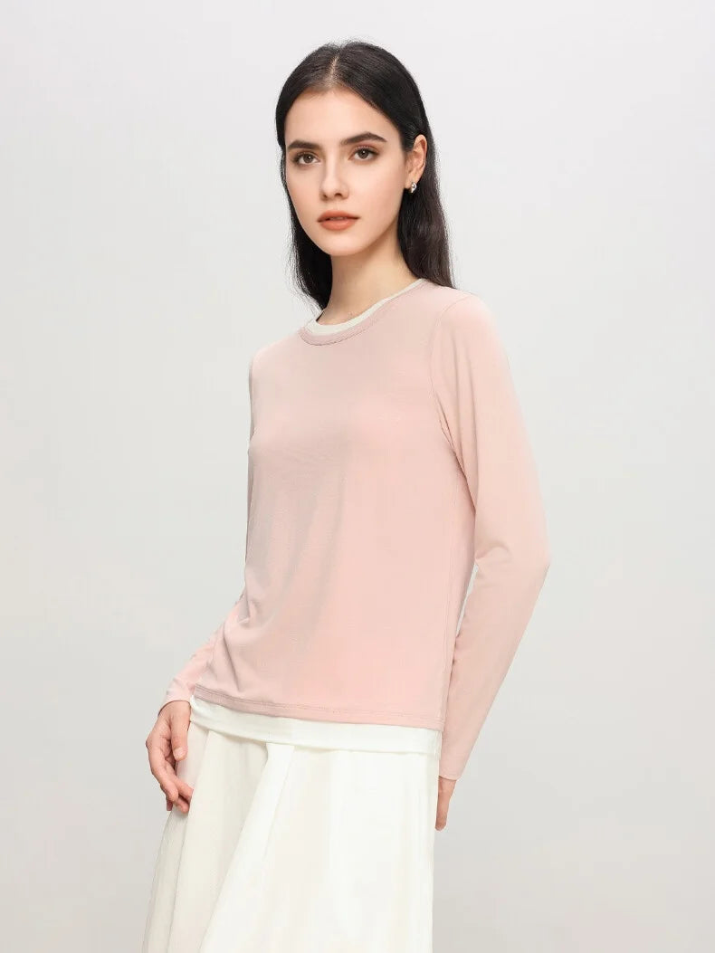 SuyaDream Women Cozy T Shirts, Silk Viscose Blend, Plain O Neck Long Sleeved Tee, 2025 Spring Autumn Basic Top, Black, Grey