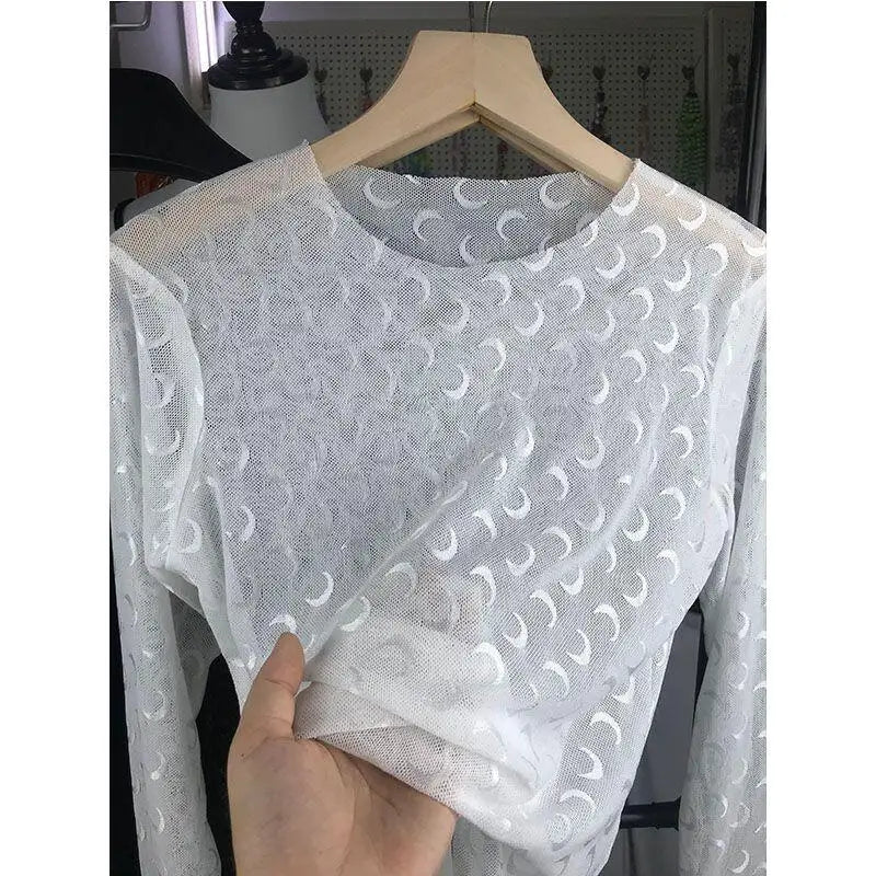 Solid Color Hollow Out Top Women Long Sleeve Mesh T-Shirt Summer Sexy Slim Fit Streetwear Classic