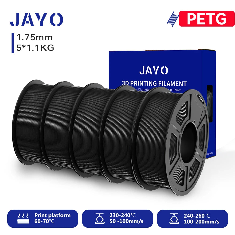 JAYO 3D PETG/PLA/PLA PLUS Filament 1.75mm PLA Filament 5 Rolls For Bambu FDM 3D Printer Neatly Wound 3D Printing Material for 3d