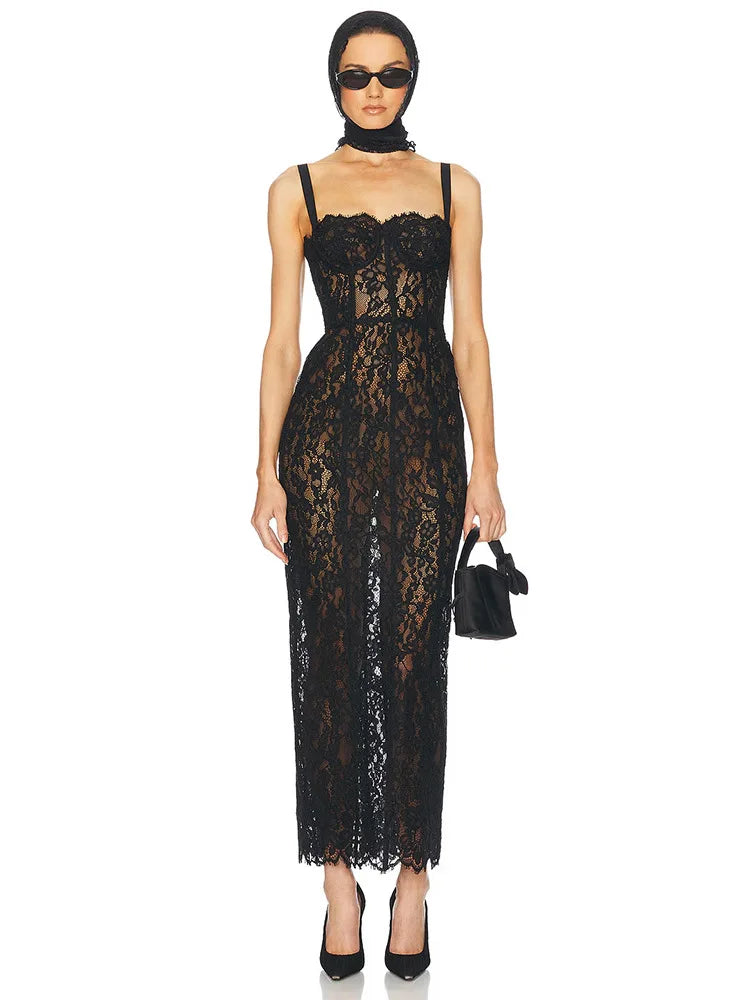 Sexy Spaghetti Strap V Neck Lace Long Dress Women Black Floral Lace Sleeveless Bodycon Dresses Elegant Evening Celebrity Party