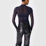 Sexy Top Women Long Sleeve Korean Sweet Spicy Hollow Out Mesh Plush Moon Print Perspective Design Mushroom Edge Tight Tshirt