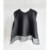 Miyake Light Purple Pleated Women's T-shirt Double Layer Crew Neck Sleeveless Casual Daily Meash Patchwork Hem Tee