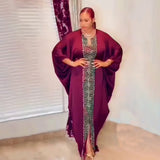 Fashion African Woman Large Size Bat Sleeve Dress Muslim Islamic Style Robe Imitation Silk Hot Fix Rhinestone