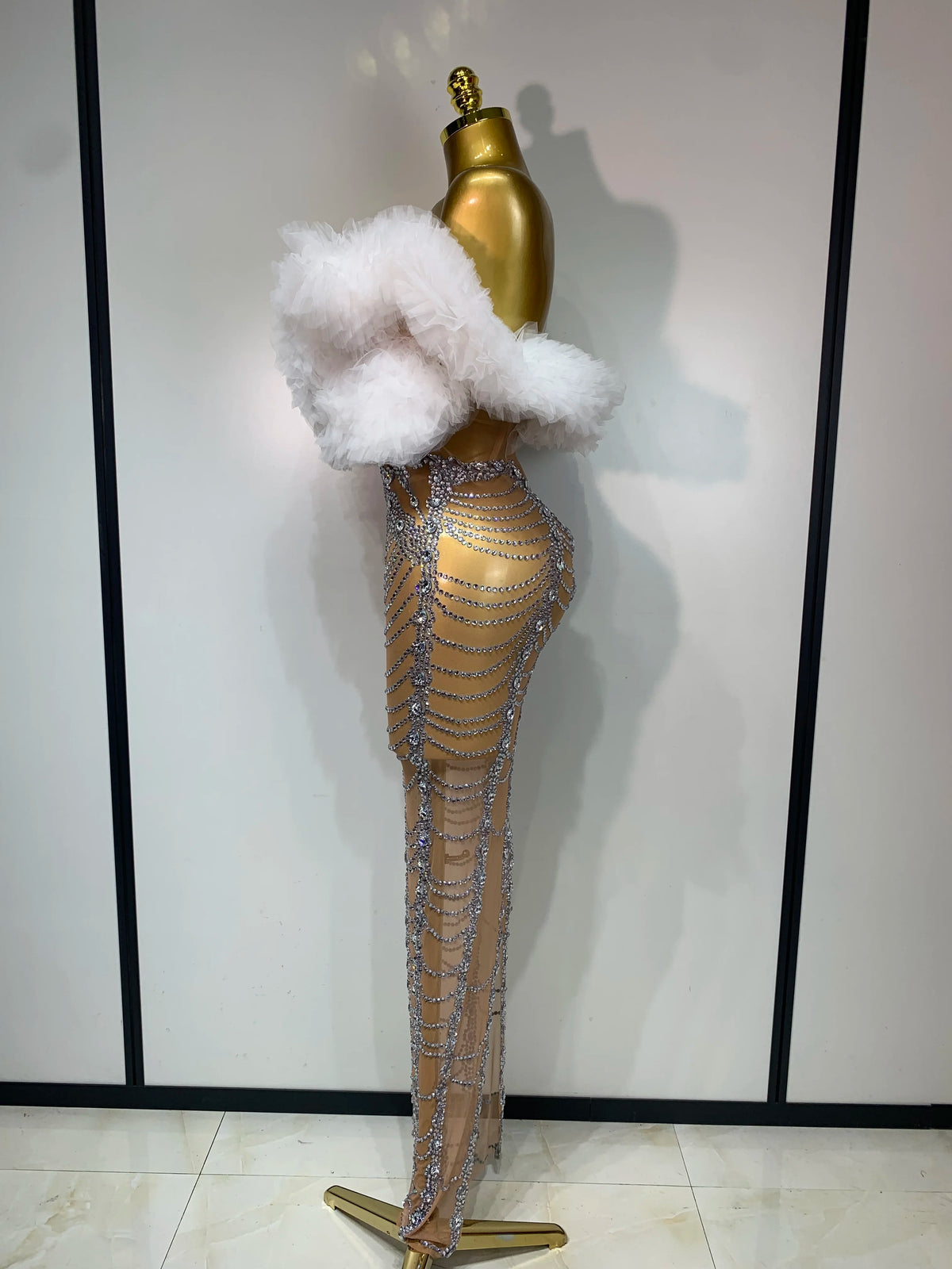 Women Sexy Strapless Rhinestone Bodycon Dress Luxury Birthday Party Costume Bar Nightclub Celebrity Stage Performance Outfit