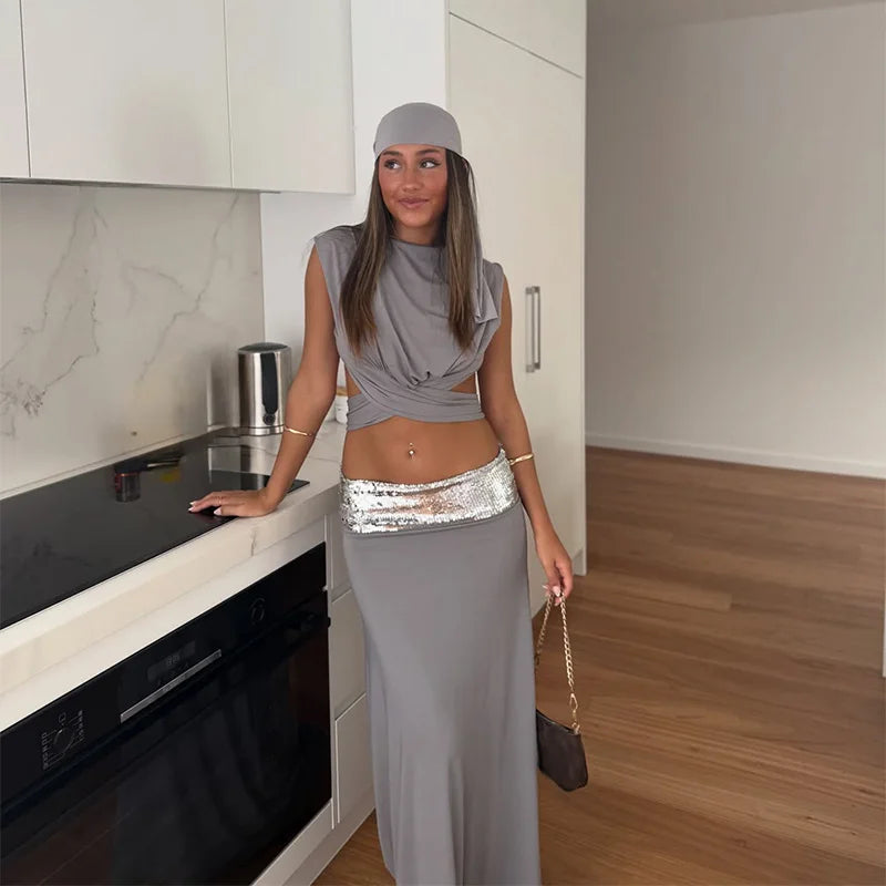 Stylish Sexy Backless Long Skirt Set Women Chic Shiny Sleeveless O-neck Top Skirts Suit Summer NEW Lady Vocation Party Outfits