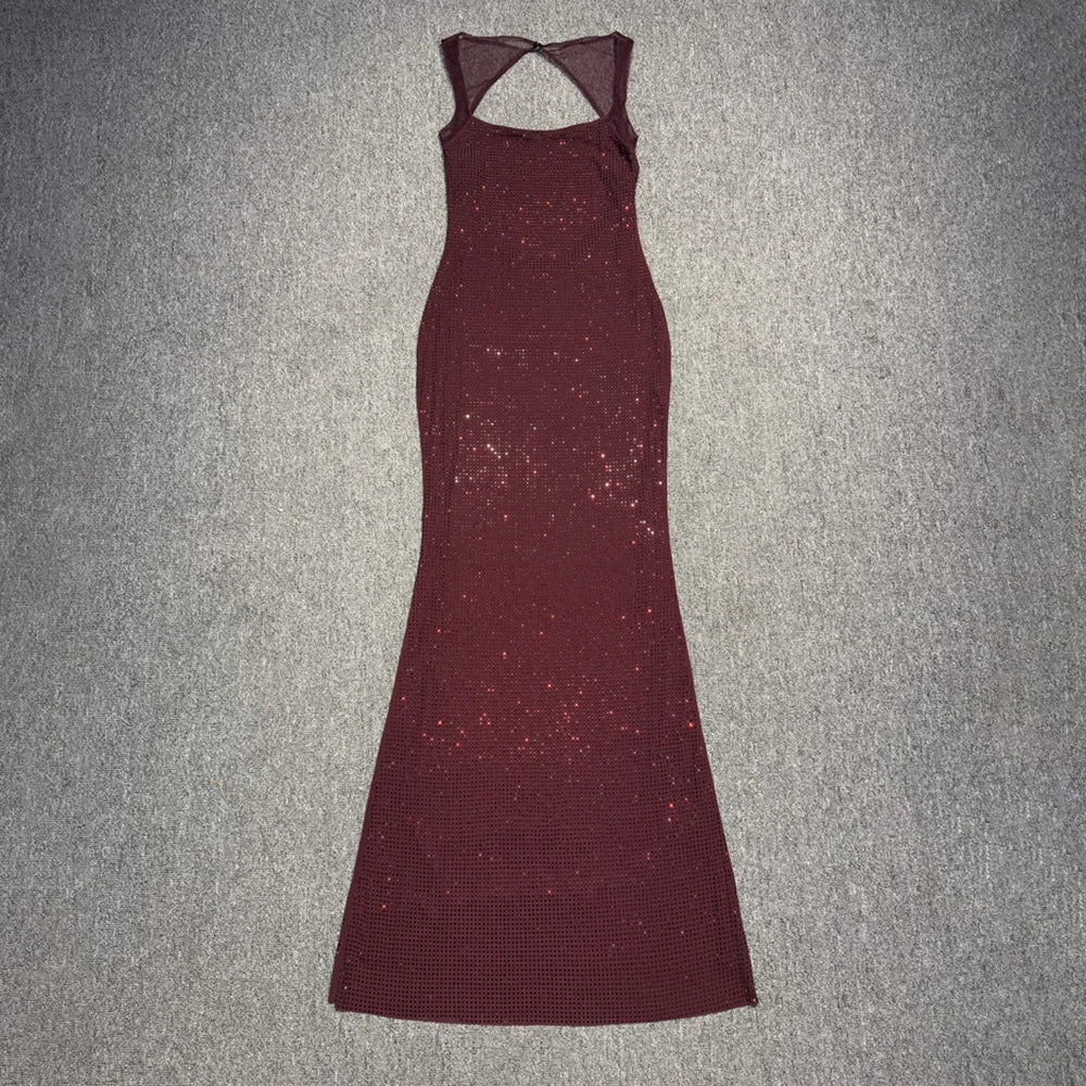 Multi Colours Backless Shiny Rhinestones Mesh Patchwork Long Dress For Women Slim Bodycon Evening Party Cocktail Gowns