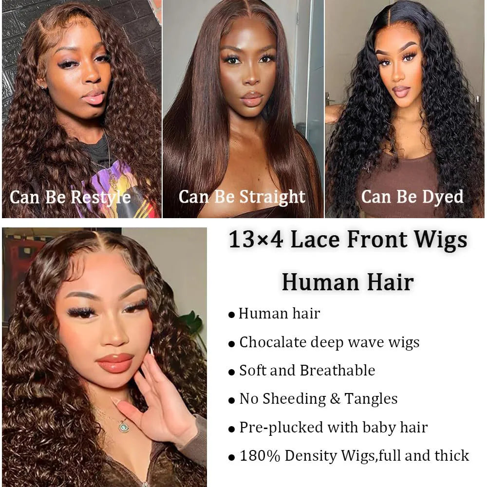 Chocolate Brown HD Lace Front Wigs Human Hair 200% Density Curly Lace Front Wigs Human Hair Deep Wave Wigs Human Hair For Women