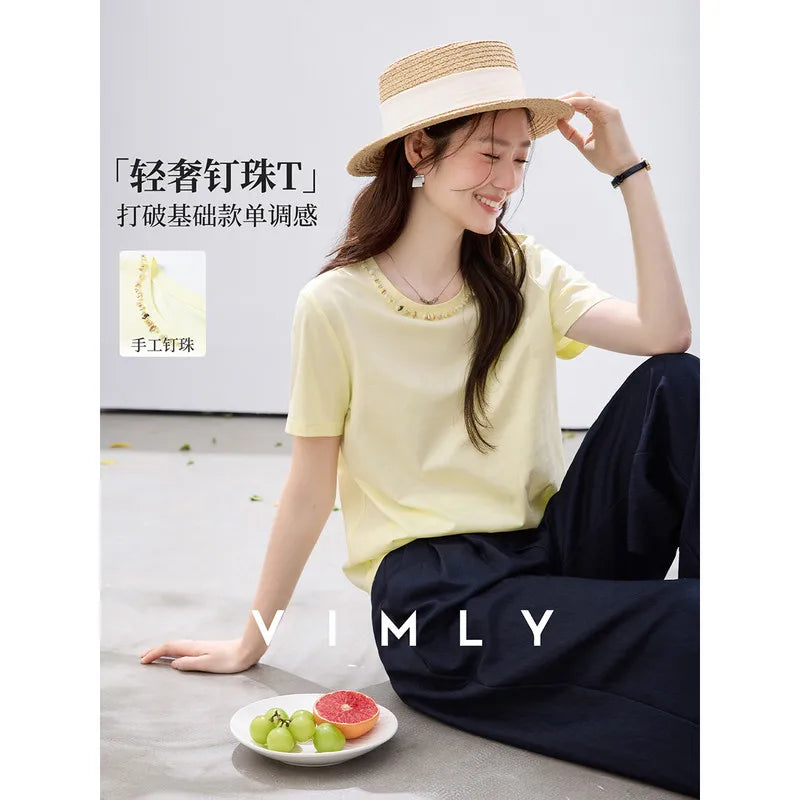VIMLY Minimalist Office T-Shirt Women 2026 Summer New Fashion Round Neck Shell Beaded 100% Cotton Casual Short Sleeve Top A6050