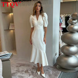 TTQV Summer Slim White Women's Dress 2025 Fashion V-Neck Short Sleeve Midi Dresses Elegant Classic High Waist Female Dress