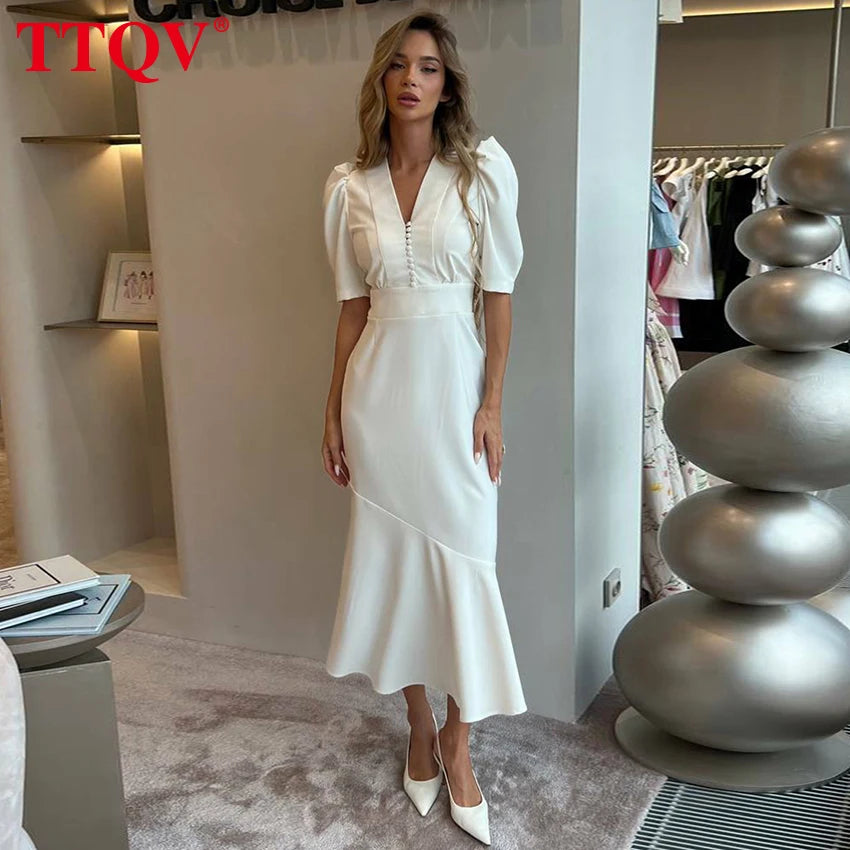 TTQV Summer Slim White Women's Dress 2025 Fashion V-Neck Short Sleeve Midi Dresses Elegant Classic High Waist Female Dress