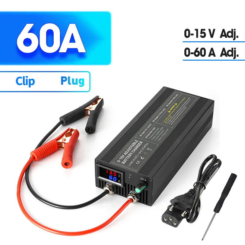 Lifepo4 Charger Power 12V 60A 100Ah Lithium Battery Charger Current /Voltage Adjustable Solar System Battery Power Accessories