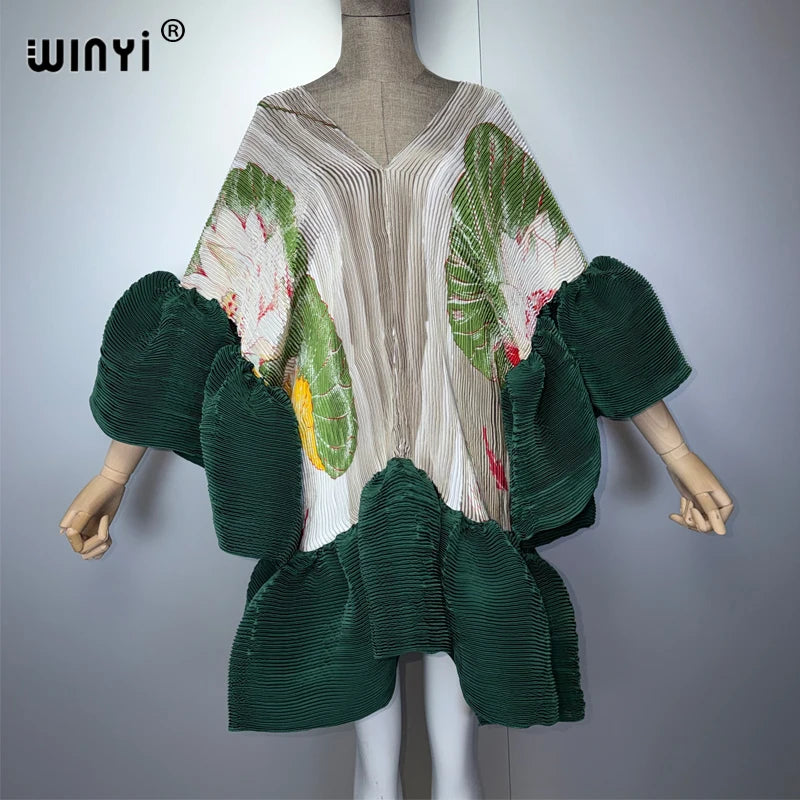 WINYI Women's Pleated Elastic Elegant Short Dress Beach Cover Up Kaftan Abaya Dubai Luxury Evening Wear Muslim Fashion