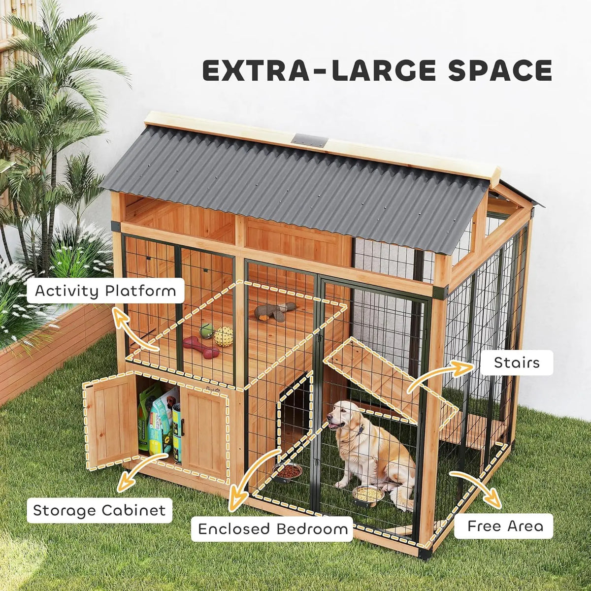 PawHut 7' x 5' Extra Large Outdoor Dog Kennel, Walk-in Wood Dog House with External Storage Cabinet, Platform, Stairs, Pet Shelt