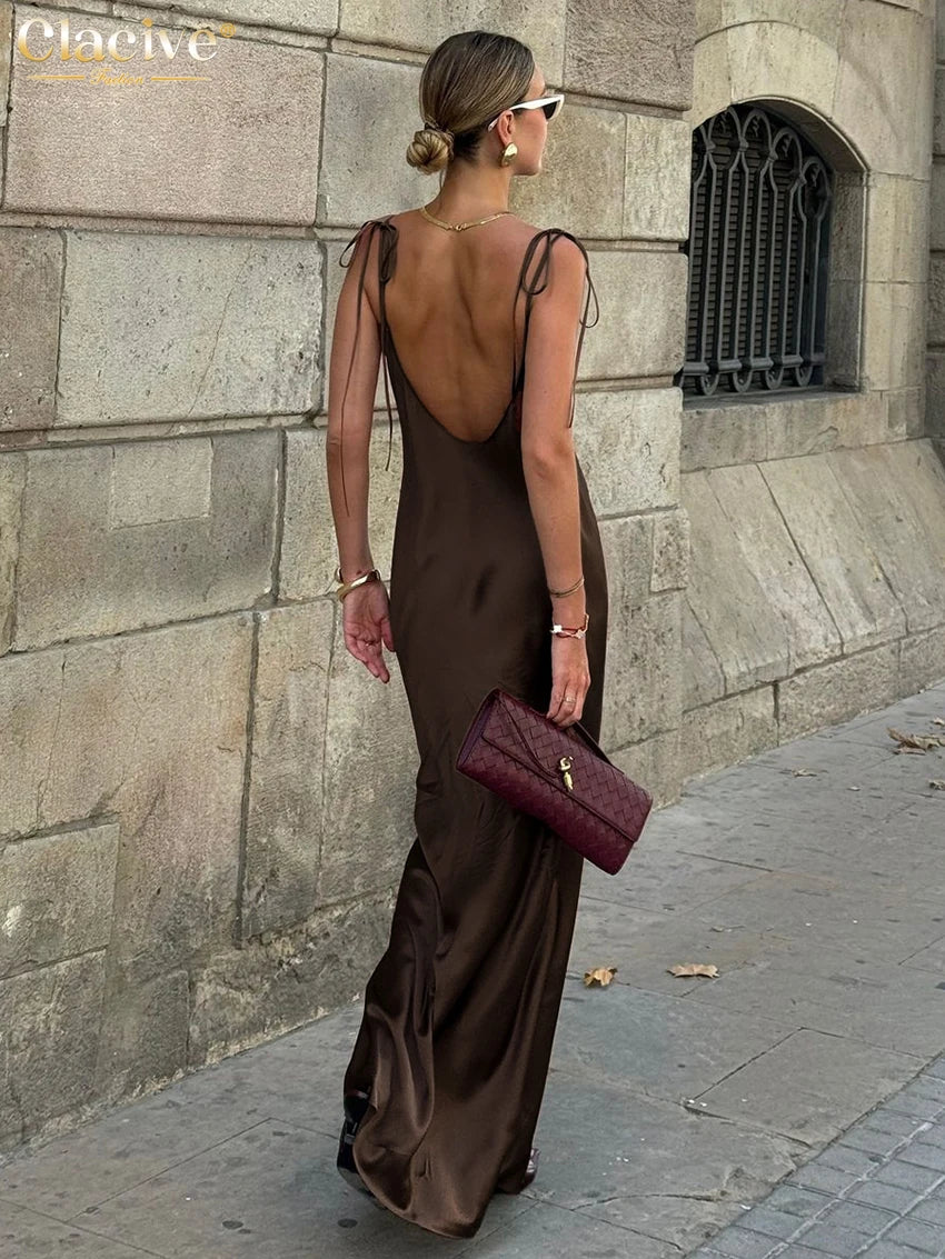 Clacive Fashion Loose Brown Satin Womens Dresses 2025 Summer Strap Sleeveless Floor Length Dress Sexy Backless Female Dress