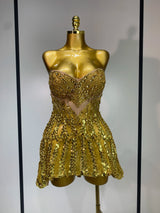 Luxury Gold Sparkly Sequins Diamonds Mini Dress Birthday Dress Women Sexy Performance Costume Singer Stage Nightclub Outfit