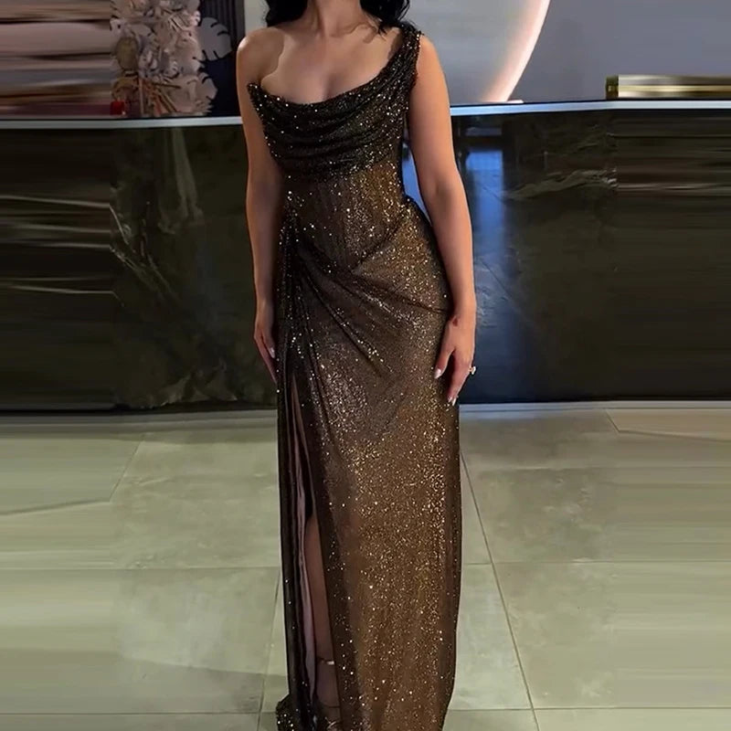 Sexy Elegant Full Length High Split Party Dress Chic Girdling Banquet Maxi Dress Luxury Women One Shoulder Glitter Slim Dress