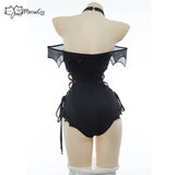 MEOWCOS Women Gothic Swimsuit Black Bat One Piece Swimsuit Dark Bat Style Vintage Bat Design Cross Lace-up Retro Dark Swimwear