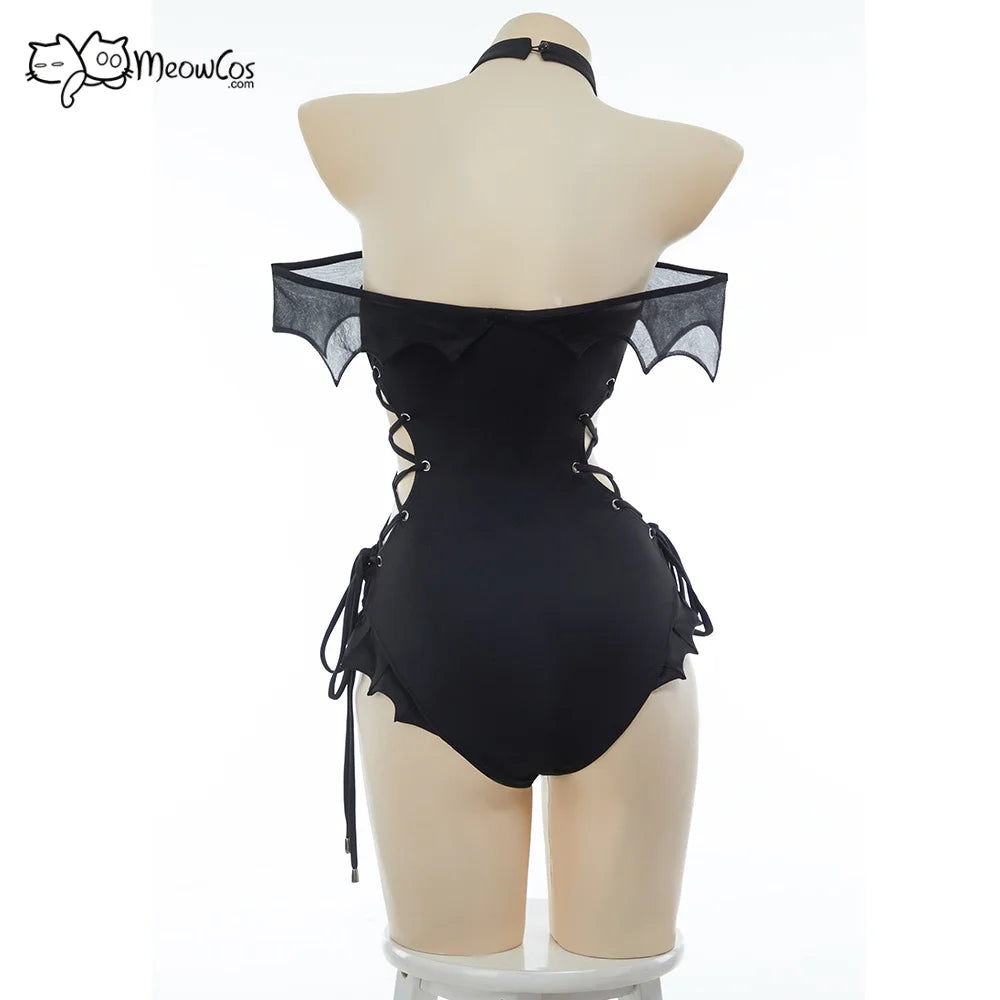 MEOWCOS Women Gothic Swimsuit Black Bat One Piece Swimsuit Dark Bat Style Vintage Bat Design Cross Lace-up Retro Dark Swimwear