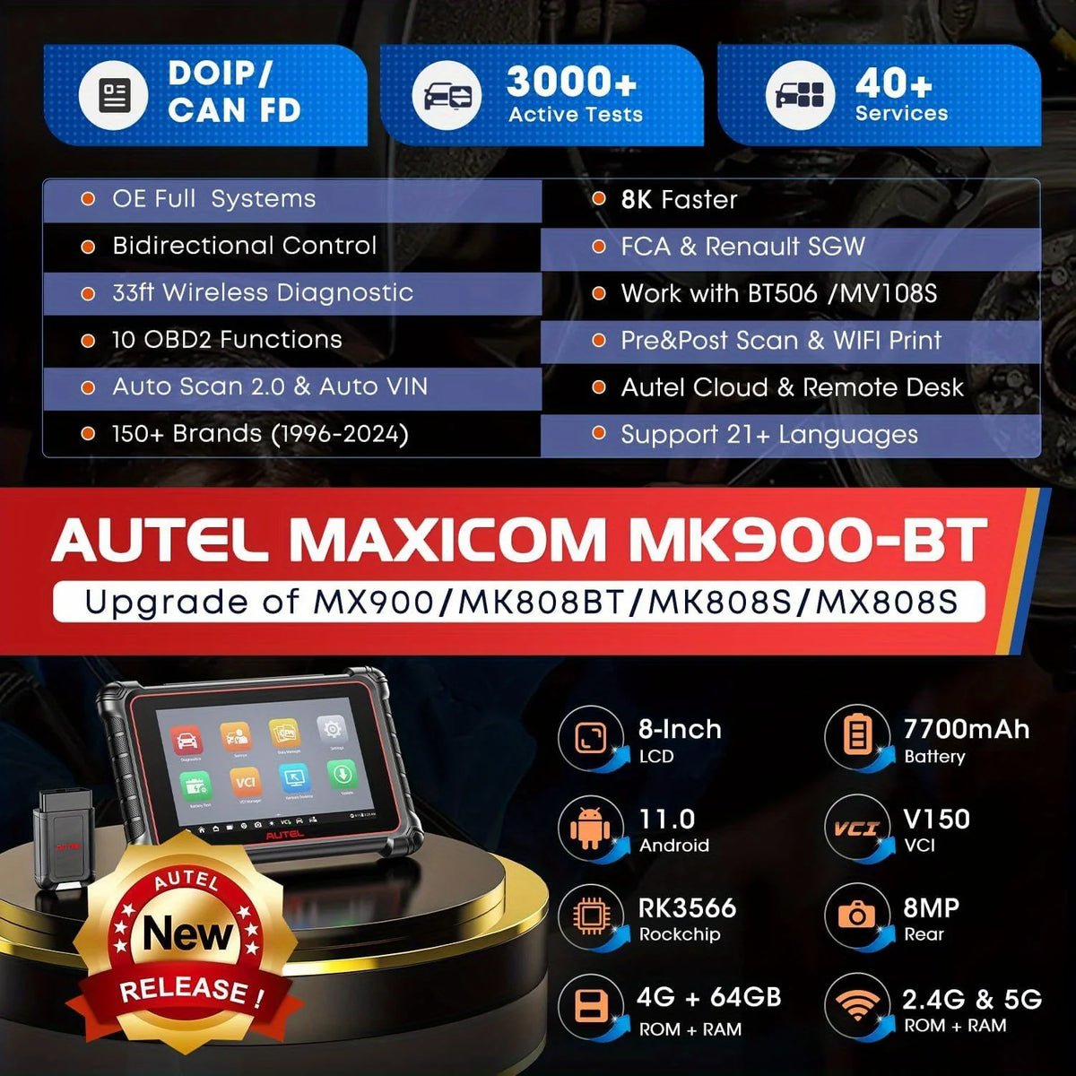 Autel MaxiCOM MK900BT Car Diagnostic Tools OBD2 Scanner 2025 40+ Service 3K+ Active Tests All Sys FCA Renault SGW Up of MK900