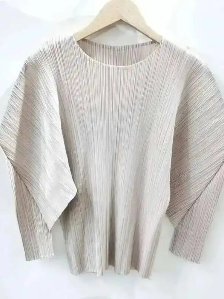 GVUW Pleated Round Collar T Shirt Women Full Sleeve Solid Color Versatile New 2025 Pullover Temperament Female Tops 17G8531