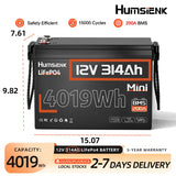 Humsienk 12V 314Ah LiFePO4 Battery, Size MINI, Capacity 4019Wh, Built-in 200A BMS, 15000+ Deep Cycle, For Fishing, Portable Power Station, Golf Cart, Boat, Marine, Off-Grid, Solar, 5-Year Warranty